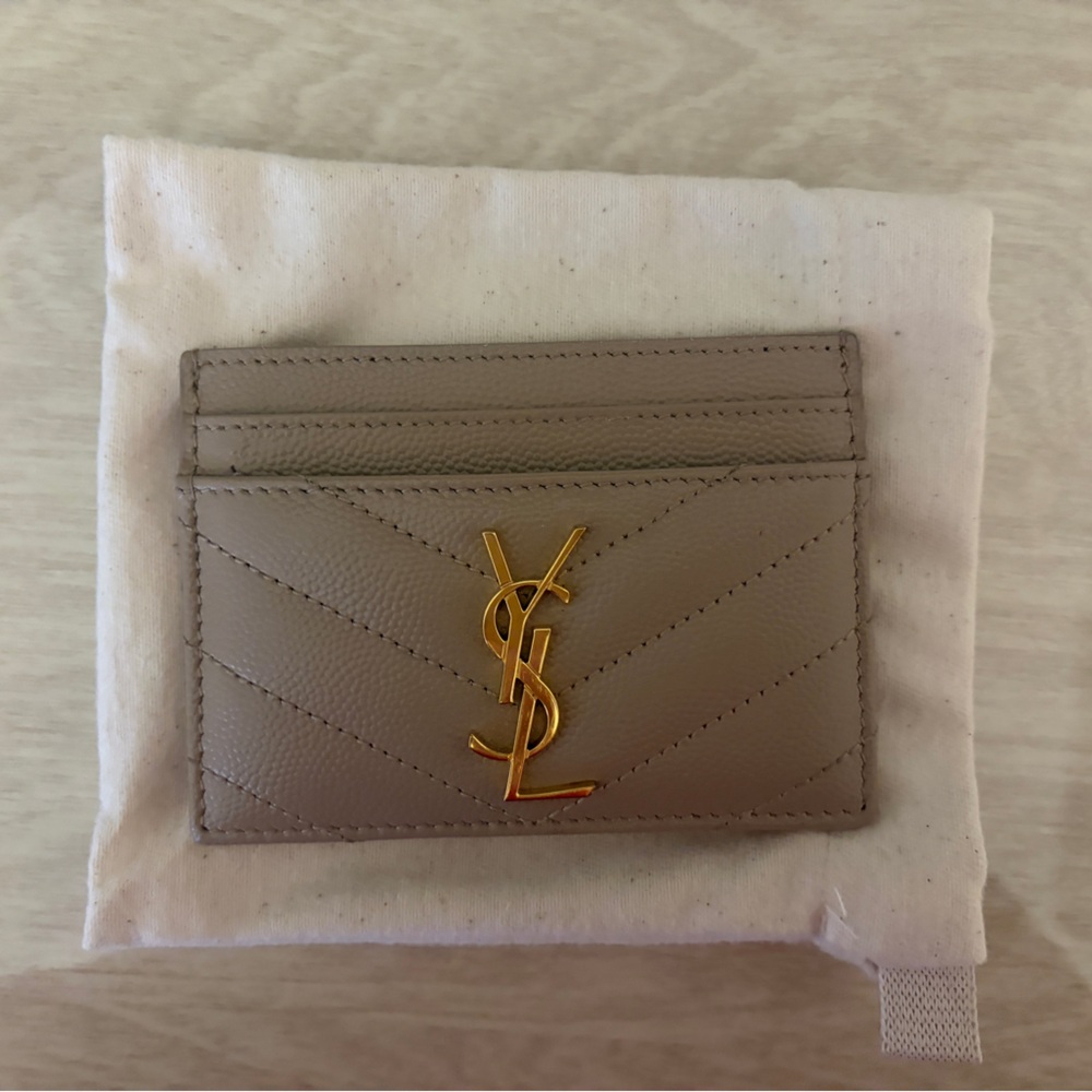 Yves Saint Laurent Tan Card Holder with Gold Logo